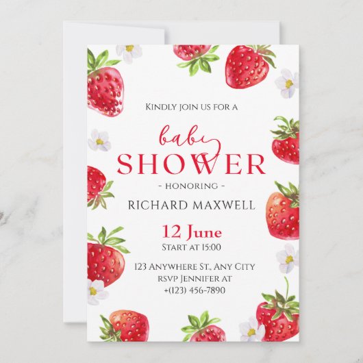Invitation Baby shower de fraise d'aquarelle (Devant)