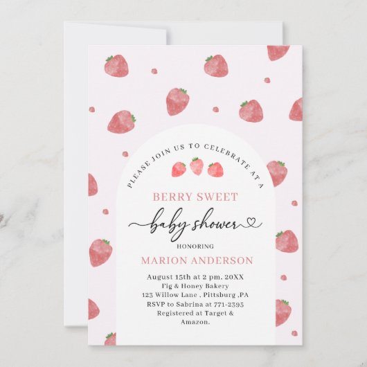 Invitation Baby shower de fraise d'aquarelle (Devant)