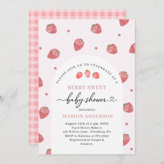 Invitation Baby shower de fraise d'aquarelle (Devant / Derrière)