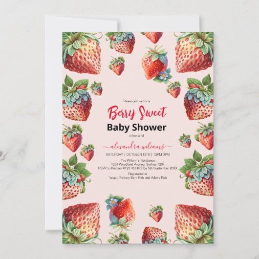 Invitation Baby shower de fraise d'aquarelle mignonne (Devant)