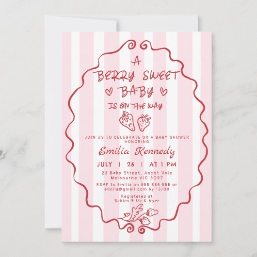 Invitation Baby shower de fraise rayé rouge tiré à la main (Devant)