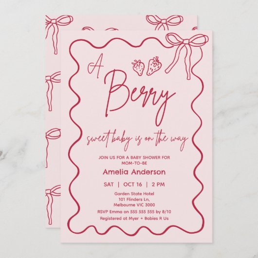 Invitation Baby shower de fraise rouge rose à main (Devant / Derrière)