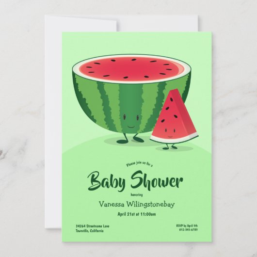 Invitation Baby shower de fruits de pastèque vert souriant (Devant)