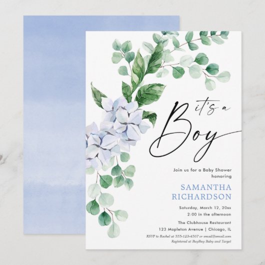 Invitation baby shower de garçon à fleurs bleu printemps (Devant / Derrière)