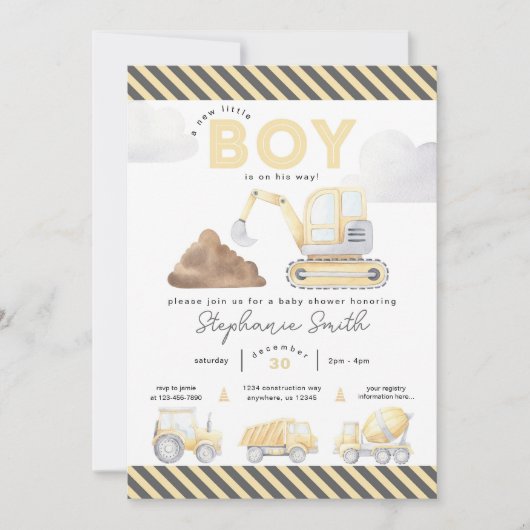 Invitation Baby shower de garçon à thème de construction (Devant)