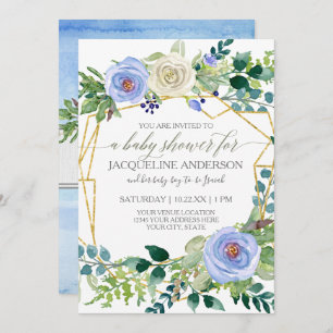 Invitation Baby shower de garçon Bleu et Roses blanches Cadre