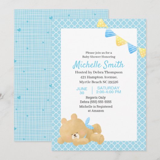 Invitation Baby shower de garçon Bleu mou Teddy Bear (Devant / Derrière)
