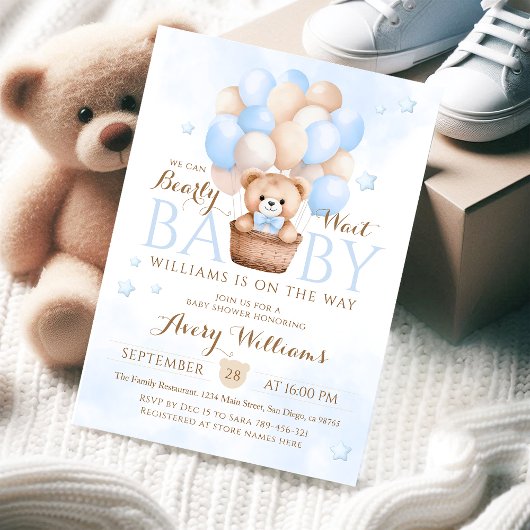 Invitation Baby shower de garçon Bleu Ours Teddy
