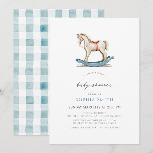 Invitation Baby shower de garçon bleu Rocse Horse (Devant / Derrière)