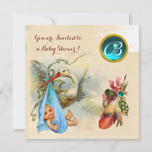INVITATION BABY SHOWER DE GARÇON BLEU STORK, MONOGRAMME EN PI (Devant)