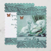 INVITATION BABY SHOWER DE GARÇON BLEUE, BOUTEILLE, ESCALIERS  (Devant / Derrière)