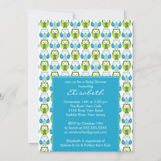 Invitation Baby shower de garçon Chouettes bleues douces Invi (Devant)