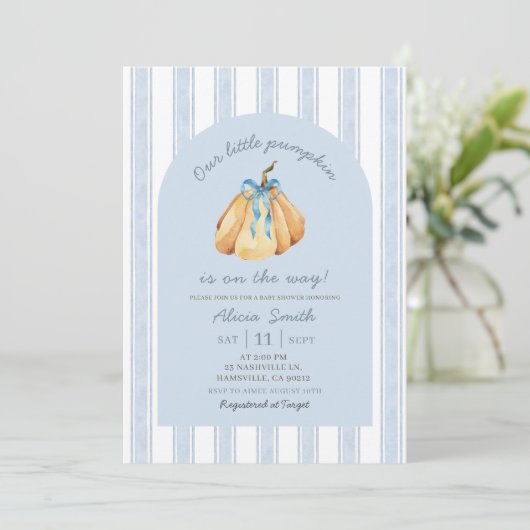 Invitation Baby shower de garçon Citrouille Blue Quirky (Debout devant)