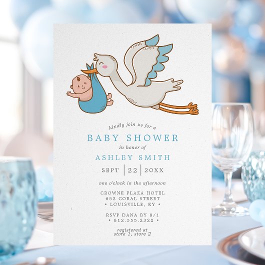 Invitation Baby shower de garçon de cigogne volant