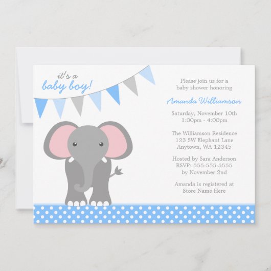 Invitation Baby shower de garçon de la bannière Elephant Blue (Devant)
