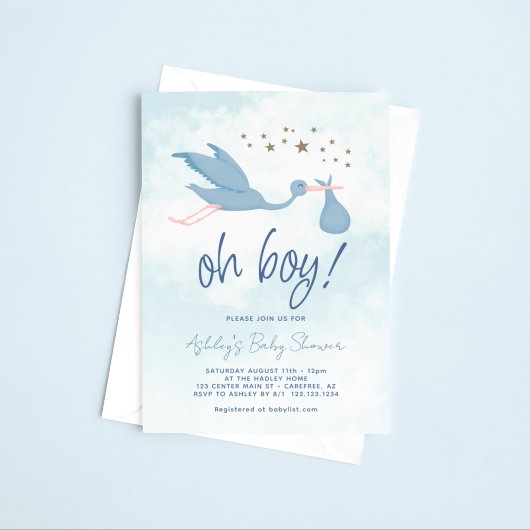 Invitation Baby shower de garçon de la cigogne bleue