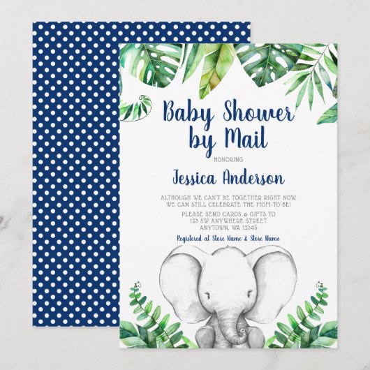 Invitation Baby shower de garçon de la marine Jungle Elephant (Devant / Derrière)