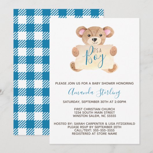 Invitation Baby shower de garçon de l'ours en peluche (Devant / Derrière)