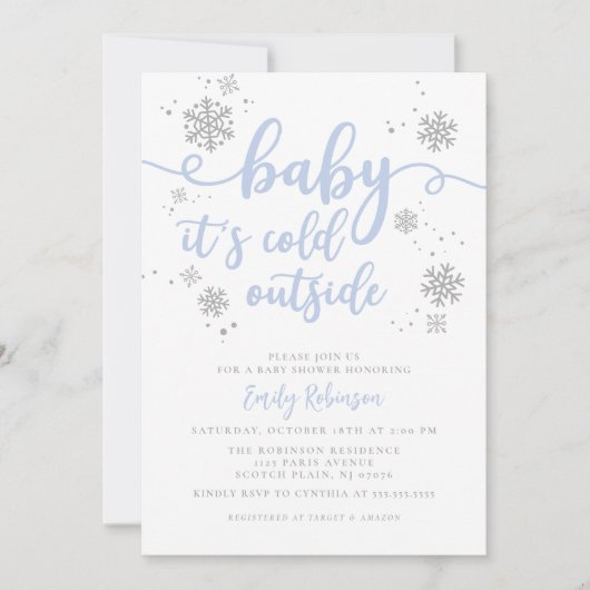 Invitation Baby shower de garçon d'hiver moderne Blue Snowfla (Devant)