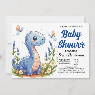 Invitation Baby shower de garçon Dinosaur moderne Bleu enchan