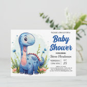 Invitation Baby shower de garçon Dinosaur numérique Blue Cute (Debout devant)
