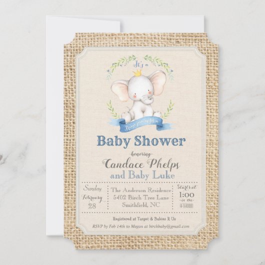 Invitation Baby shower de garçon éléphant (Devant)