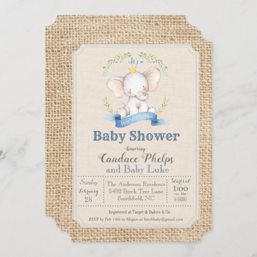 Invitation Baby shower de garçon éléphant (Devant / Derrière)