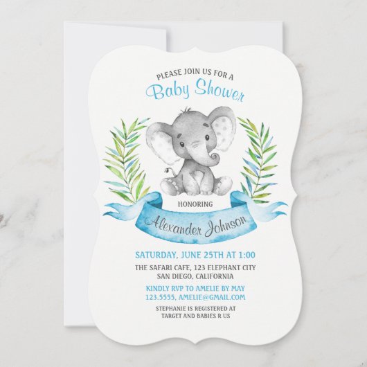 Invitation Baby shower de garçon Elephant aquarelle (Devant)