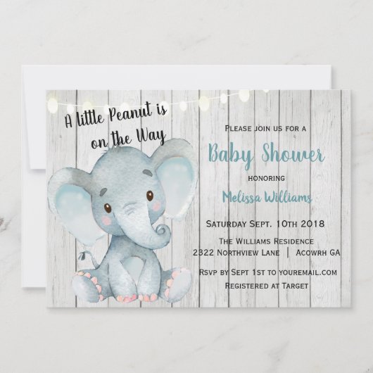 Invitation Baby shower de garçon éléphant rustique (Devant)