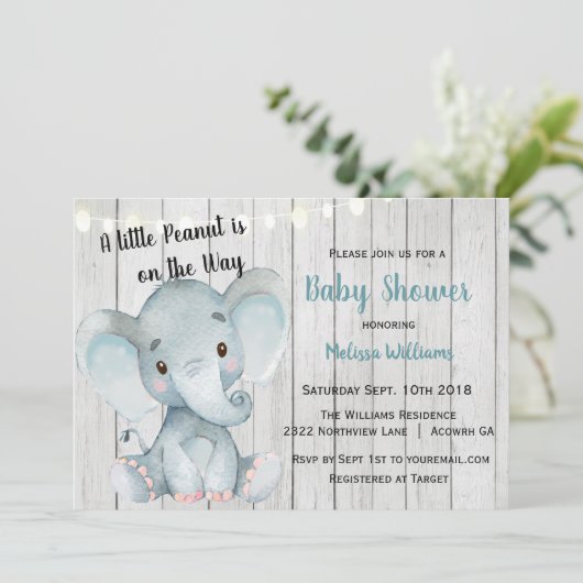 Invitation Baby shower de garçon éléphant rustique (Debout devant)