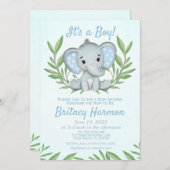 Invitation Baby shower de garçon éléphant vert moderne (Devant / Derrière)