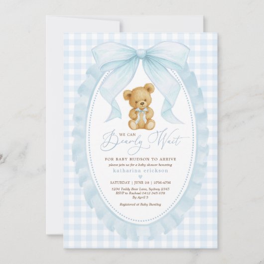 Invitation Baby shower de garçon en peluche bleu Bow (Devant)