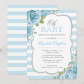 Invitation Baby shower de garçon floral argent ble (Devant / Derrière)
