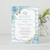 Invitation Baby shower de garçon floral argent ble (Debout devant)