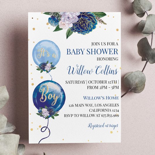 Invitation Baby shower de garçon floral de ballon