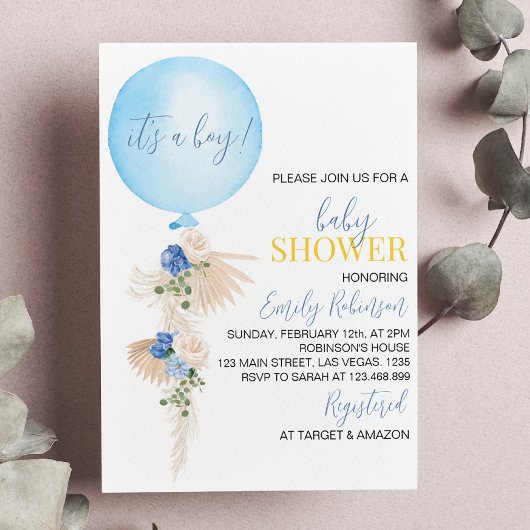 Invitation Baby shower de garçon floral de ballon