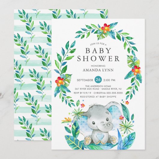 Invitation Baby shower de garçon Jungle Blue Elephant (Devant / Derrière)