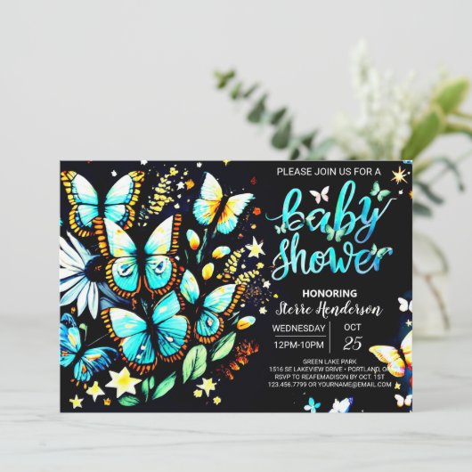 Invitation Baby shower de garçon modifiable papillon enchanté (Debout devant)
