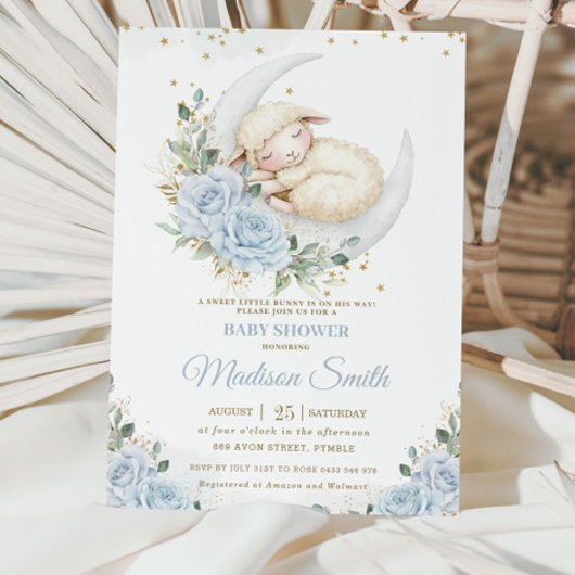 Invitation Baby shower de garçon moon doux bleu floral