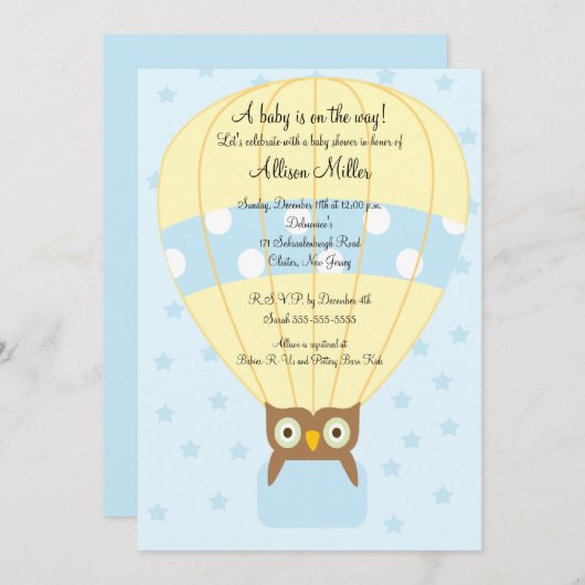 Invitation Baby shower de garçon OWL Ballons à air chaud (Devant / Derrière)
