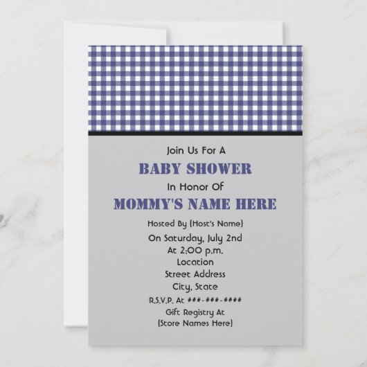 Invitation Baby shower de garçon : Panda bleu de guingan (Dos)