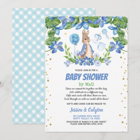 Invitation baby shower de garçon par mail Bunny Rabbit bleu (Devant / Derrière)