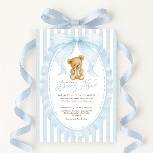 Invitation Baby shower de garçon Preppy Blue Teddy Bear