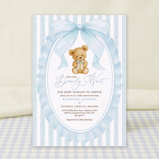 Invitation Baby shower de garçon Preppy Blue Teddy Bear
