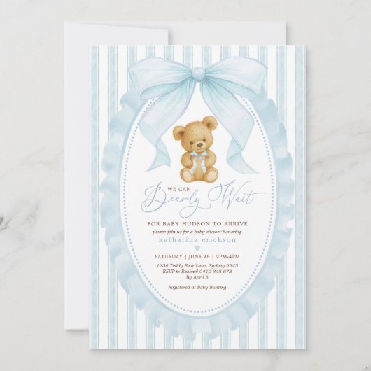 Invitation Baby shower de garçon Preppy Blue Teddy Bear (Devant)
