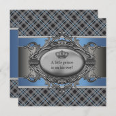 Invitation Baby shower de garçon princier bleu plaqué Crown L (Devant / Derrière)