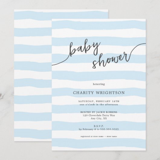 Invitation Baby shower de garçon simple bleu aquarelle rayure (Devant / Derrière)