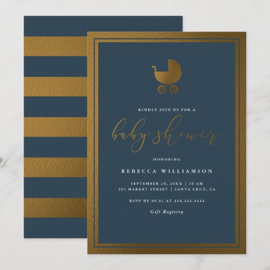 Invitation Baby shower de garçons Blue & Gold Pram de la mari (Devant / Derrière)