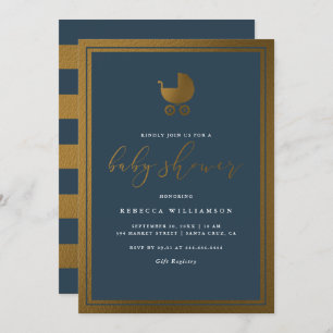 Invitation Baby shower de garçons Blue & Gold Pram de la mari