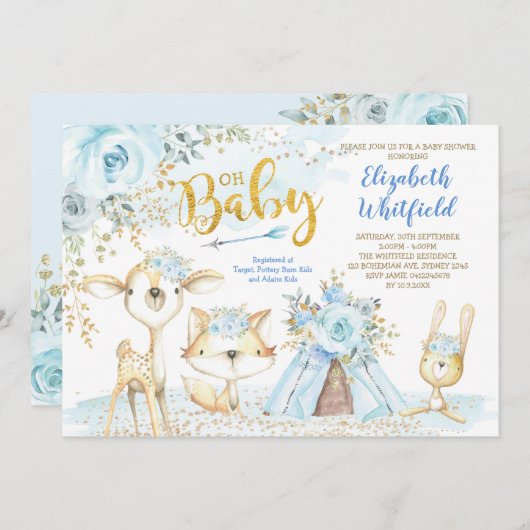 Invitation Baby shower de garçons de la forêt de Boho Boho Go (Devant / Derrière)